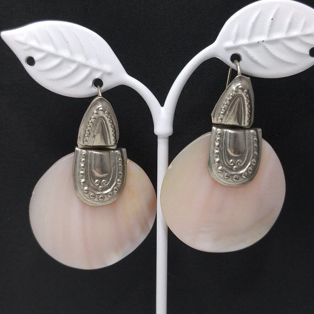 Vintage Carved Shell Silver Tone Drop Earrings, Southwestern Style, 1970s